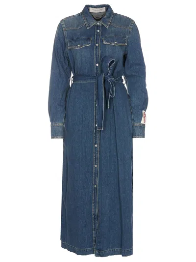 Golden Goose Tone-on-tone Waistband Long-sleeve Dress With Double Back Star, Side Slits & Distressed In Blue