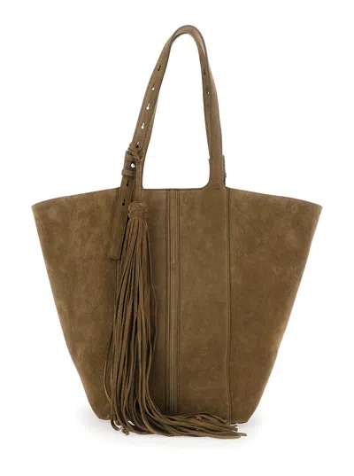 Golden Goose Tote Bag Shopping 24.7 In Suede Green With Nappa Fringes And Silver Metal Details For Women