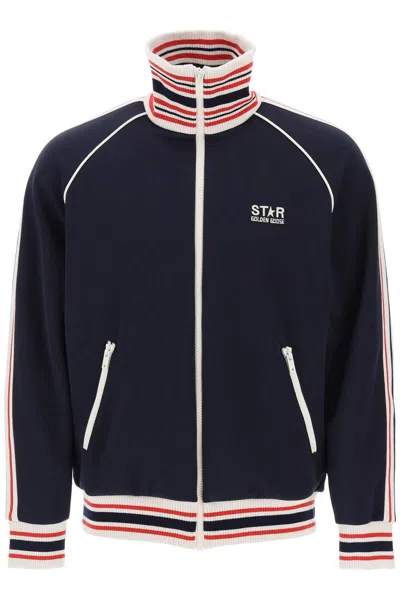 Golden Goose Men's Track Sweatshirt With Striped Sleeves And Contrasting Piping In Blue