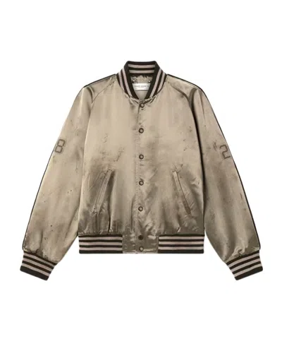 Golden Goose Unisex Bomber Jacket In Green Satin With Ribbed Hems And Collar In Brown