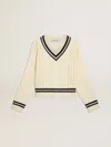 Golden Goose Cropped Sweater With Woven Pattern In White/dark Blue
