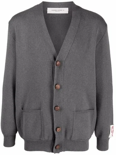 GOLDEN GOOSE V-NECK GRAY CARDIGAN WITH EMBROIDERED PATCH