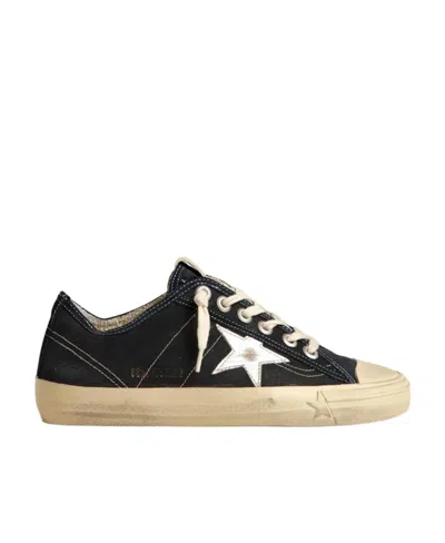 Golden Goose V-star In Navy-blue Canvas With A Silver Laminated Leather Star