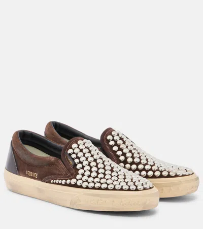 Golden Goose Slip-on Brown Suede Sneakers With Silver-tone Studs