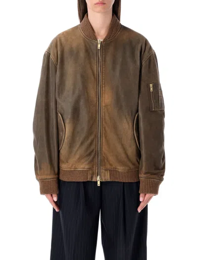 Golden Goose Vintage-inspired Unisex Bomber Jacket With Ribbed Trims In Brown