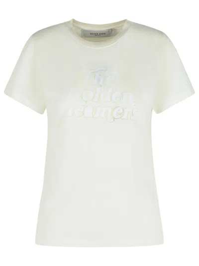 Golden Goose Viscose Blend T-shirt With Ribbed Crew Neck And Front Print In White