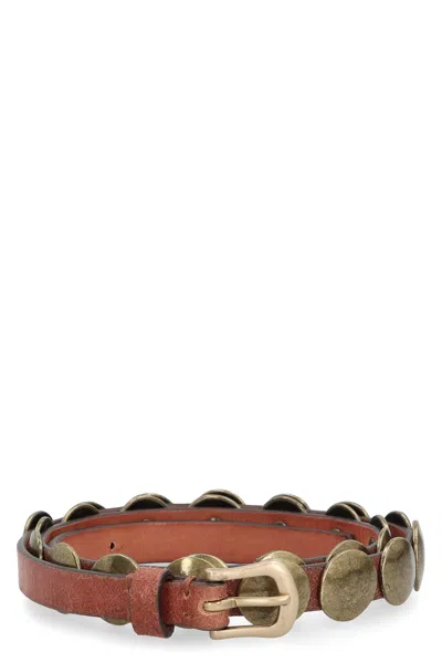 Golden Goose Washed Leather Belt With Large Aged Gold Studs In Brown