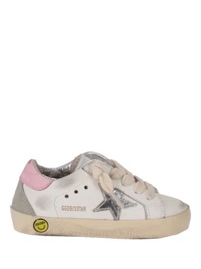 Golden Goose Kids? Mini Suede Star Sneakers With Pink Leather Heel Tab In White