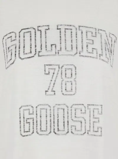 GOLDEN GOOSE 'JOURNEY' WHITE CREWNECK T-SHIRT WITH MAXI LOGO PRINT ON THE FRONT IN LINEN WOMAN