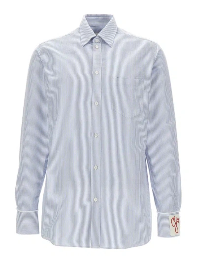 Golden Goose White And Light Blue Shirt With Stripe Motif In Cotton
