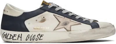 Golden Goose Men's Super-star Nappa Sneakers With Distressed Effect In White/dark Blue/gun Metal