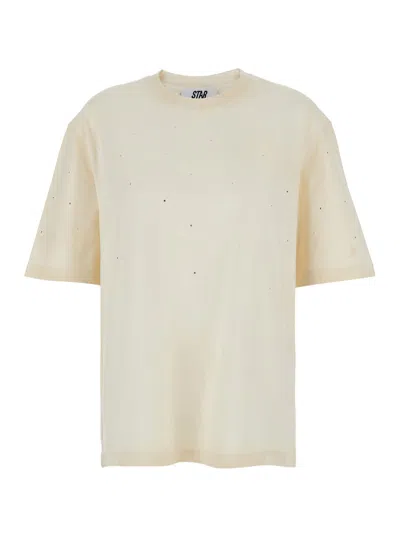 Golden Goose White Crewneck Rhinestoned T-shirt With Print On The Rear In Cotton Woman In Neutral