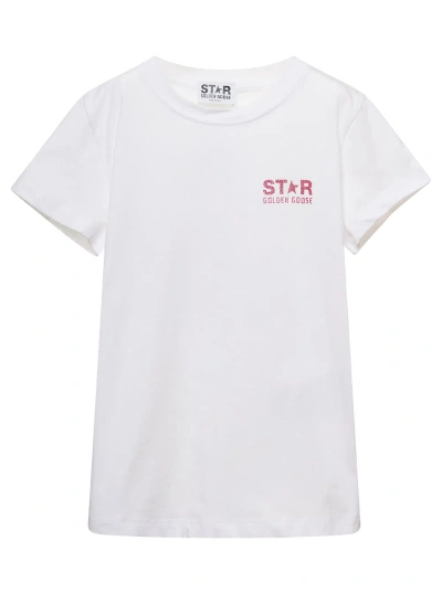 GOLDEN GOOSE WHITE CREWNECK T-SHIRT WITH CONTRASTING LOGO LETTERING PRINT IN COTTON BOY