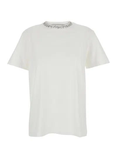 GOLDEN GOOSE GOLDEN GOOSE WHITE CREWNECK T-SHIRT WITH RHINESTONE EMBELLISHMENTS ON THE COLLAR AND LOGO DETAIL ON 