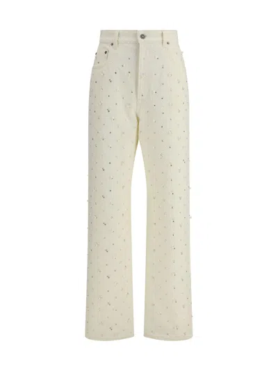 GOLDEN GOOSE WHITE DENIM PEARL AND CRYSTAL EMBROIDERED PANTS