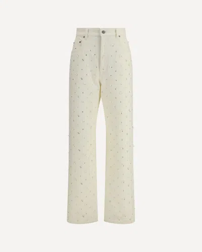GOLDEN GOOSE WHITE DENIM PEARL AND CRYSTAL EMBROIDERED PANTS