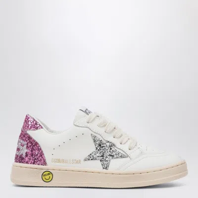 GOLDEN GOOSE WHITE LEATHER BALL STAR SNEAKERS WITH SILVER/PINK GLITTER