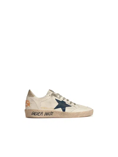 Golden Goose White Leather Ball-star With Blue Suede Star And Ivory Heel In Neutral