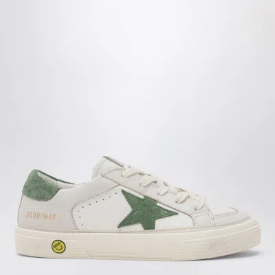 GOLDEN GOOSE WHITE/BEIGE LEATHER AND GREEN SUEDE SUPER-STAR SNEAKERS