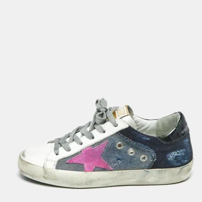 Pre-owned Golden Goose White/blue Leather And Denim Super Star Sneakers Size 36 In Multi