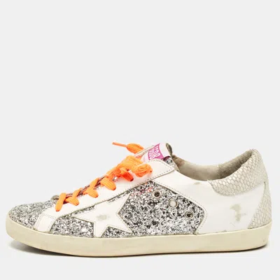 Pre-owned Golden Goose White/grey Glitter And Leather Super Star Sneakers Size 39