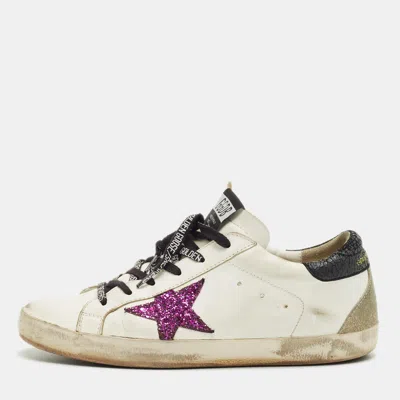 Pre-owned Golden Goose White/grey Leather And Suede Super Star Lace Up Sneakers Size 39