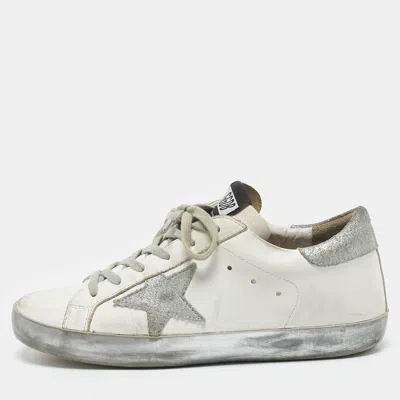 Pre-owned Golden Goose White/grey Leather And Suede Super Star Low Top Trainers Size 37
