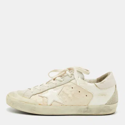 Pre-owned Golden Goose White/grey Leather And Suede Superstar Lace Up Sneakers Size 38