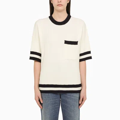 Golden Goose Women's Short-sleeved Sweater In Vintage White With Blue Rib Knit
