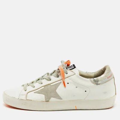 Pre-owned Golden Goose White/orange Leather And Suede Superstar Low Top Trainers Size 37