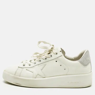 Pre-owned Golden Goose White/silver Glitter And Leather Purestar Low Top Sneakers Size 35