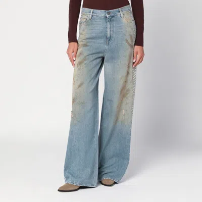 GOLDEN GOOSE WIDE LIGHT BLUE JEANS, SAND-WASH DISTRESSED EFFECT