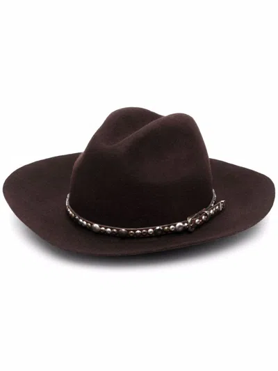 Golden Goose Wide-shaped Hat Adorned With Studs In Brown
