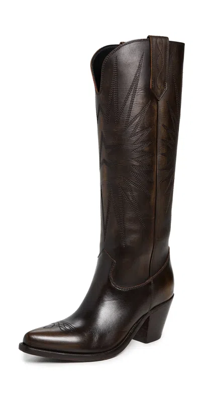 GOLDEN GOOSE WISH STAR DISTRESSED BULL LEATHER BOOTS DARK BROWN/BEIGE