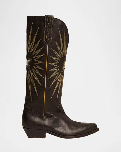 GOLDEN GOOSE WISH STAR EMBROIDERED LEATHER WESTERN BOOTS
