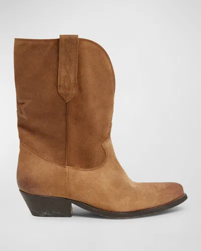 Golden Goose Wish Star Suede Western Boots In Cognac