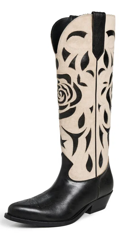 Golden Goose Wish Star With Inlaid Embroidery Rose Distressed Leather Upper Black/butter