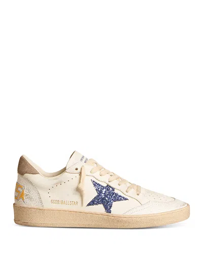 Golden Goose Women's Ballstar Crack Almond Toe Glitter Star Sneakers In White/light Blue/taupe