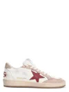 Golden Goose Ball Star Distressed Effect Sneakers With Red Leather Star And Pink Suede Heel Tab Shoe In White,red,pink