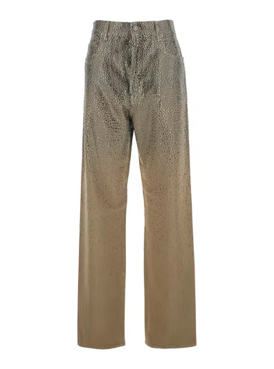 GOLDEN GOOSE GOLDEN GOOSE WOMEN BEIGE PANTS WITH FADED CRYSTAL EMBELLISHMENT AND BELT LOOPS IN COTTON BLEND WOMAN