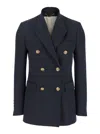 Golden Goose Blue Double-breasted Jacket With Peak Revers And Logo Plaque Detail In On The Rear In Wool Blend Wom In Blue