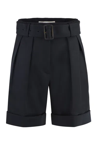 Golden Goose Women's Blue Gabardine Bermuda Shorts With Front Pleats And Roll-up Cuffs