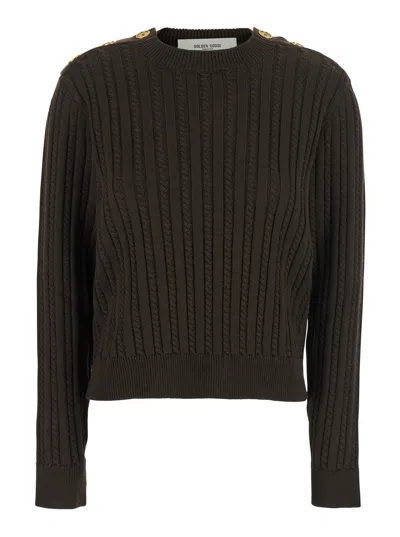 Golden Goose Women's Crew-neck Sweater In Wool Blend With Gold Buttons In Brown