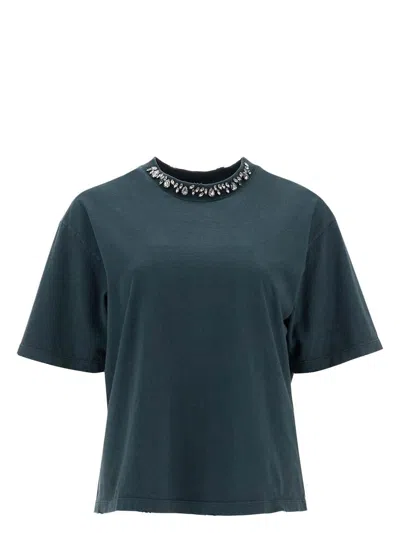 GOLDEN GOOSE WOMEN'S GOLDEN W`S T-SHIRT REGULAR DYED GAUZE ORGANIC COTTON JERSEY WITH CRYSTAL APPLICATION ON COLL