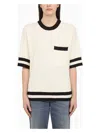 Golden Goose Women's Short-sleeved Sweater In Vintage White With Blue Rib Knit In Panna