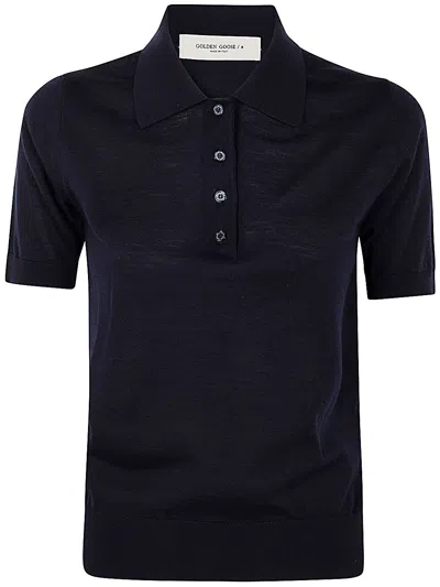 Golden Goose Women Polo Knit Short Sleeves In Merino Wool In Blue