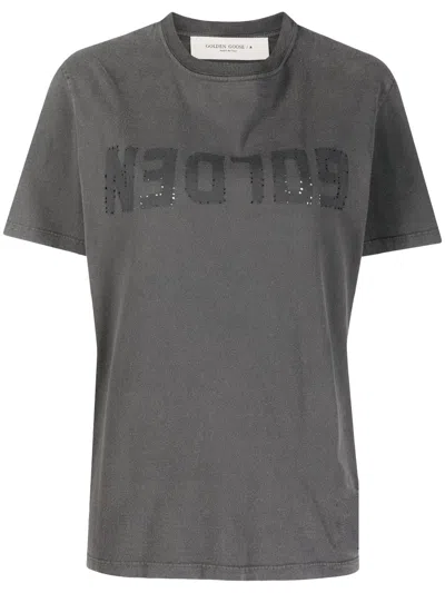 Golden Goose Distressed T-shirt Silver Stars In Gray