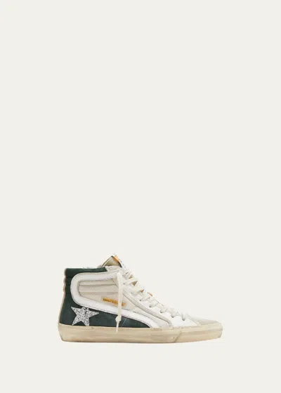 Pre-owned Golden Goose Women's Slide High-top Glitter Leather Sneakers 4975 - Retail $685 In White