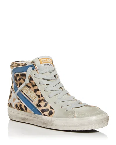 Golden Goose Women's Slide Leopard Print Calf Hair High Top Sneakers In Brown