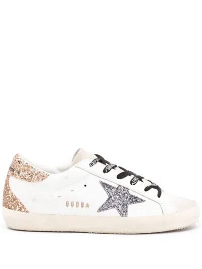Golden Goose Super-star Distressed Suede-trimmed Glittered Leather Sneakers In White